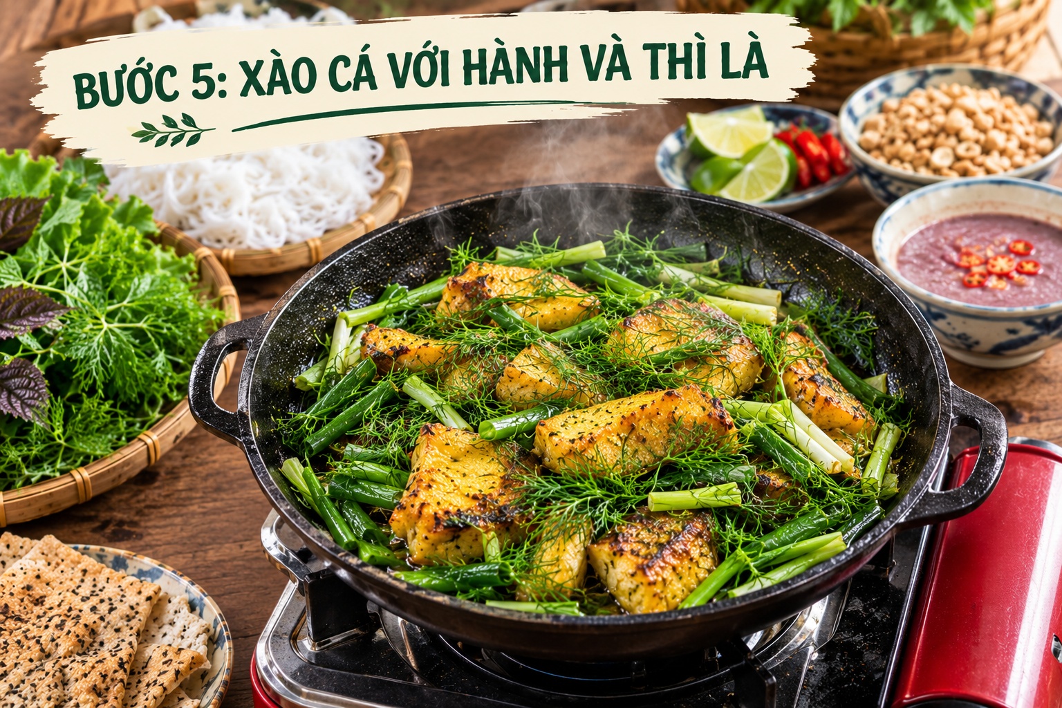 Bước 5: Xào cá với hành và thì là